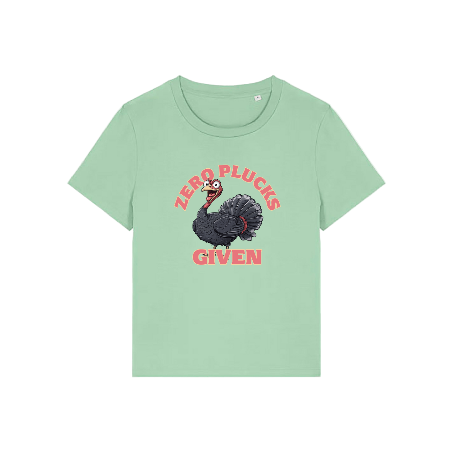 green funny animal t-shirt with the graphic of a turkey and the slogan 'zero plucks given'