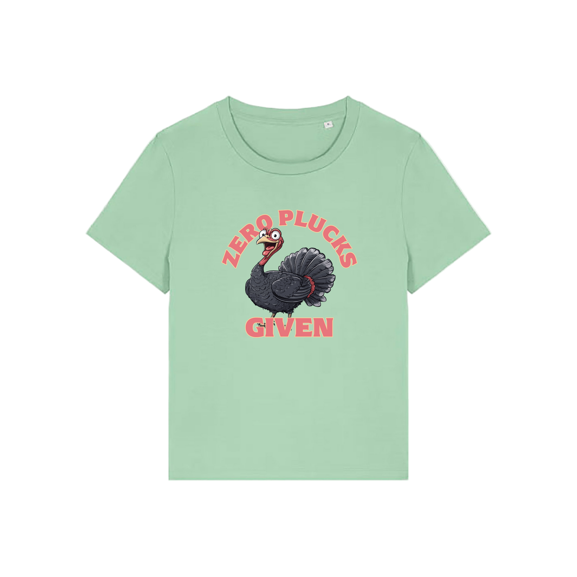 green funny animal t-shirt with the graphic of a turkey and the slogan 'zero plucks given'