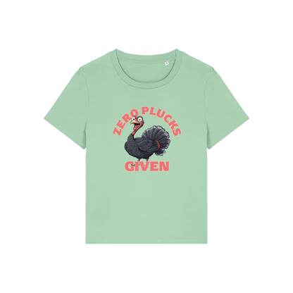 green funny animal t-shirt with the graphic of a turkey and the slogan 'zero plucks given'