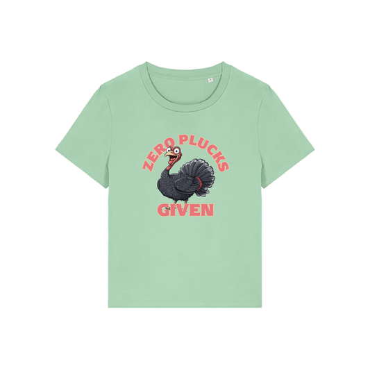 green funny animal t-shirt with the graphic of a turkey and the slogan 'zero plucks given'