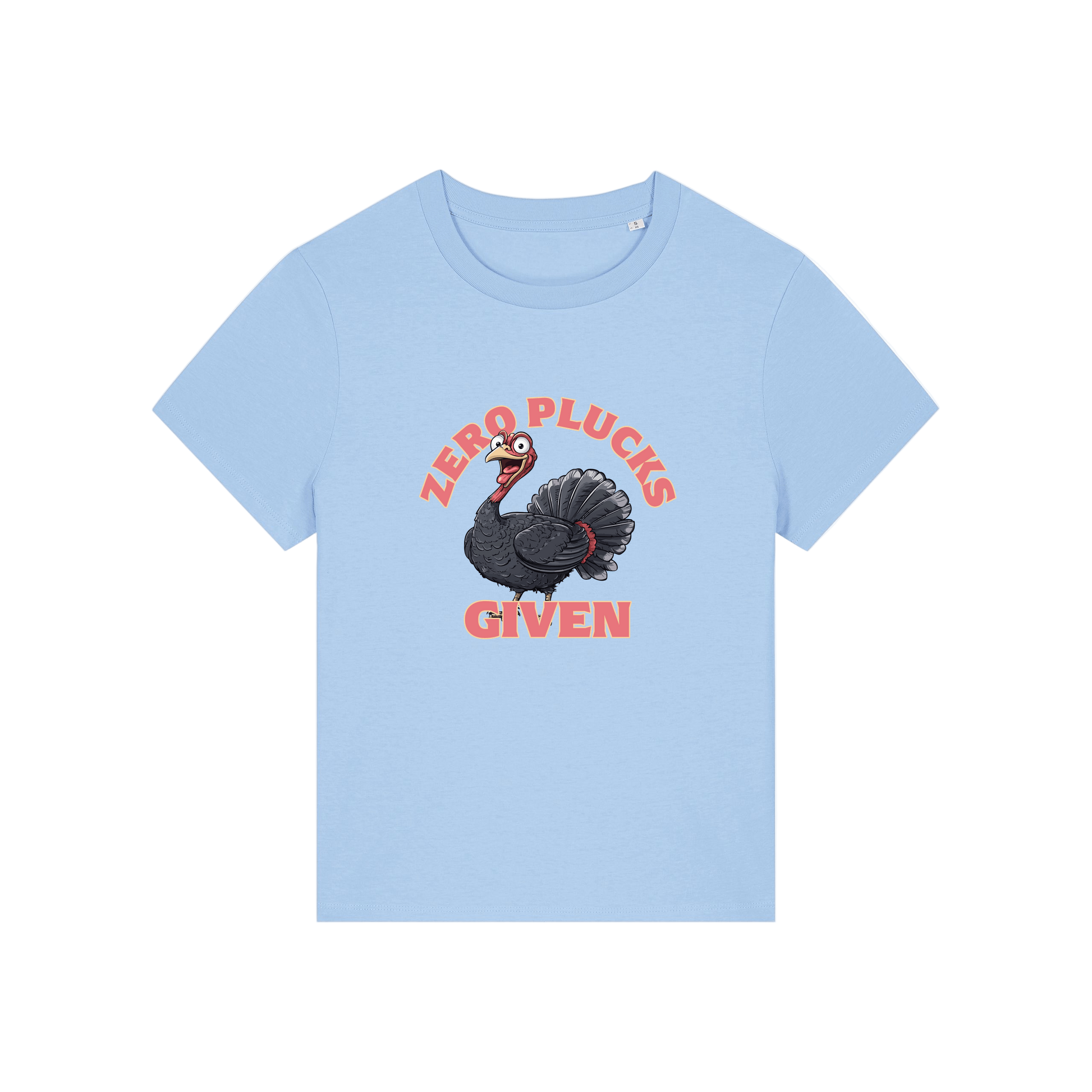 light blue funny animal t-shirt with the graphic of a turkey and the slogan 'zero plucks given'
