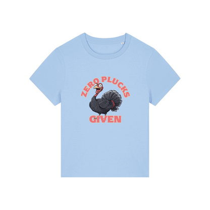 light blue funny animal t-shirt with the graphic of a turkey and the slogan 'zero plucks given'