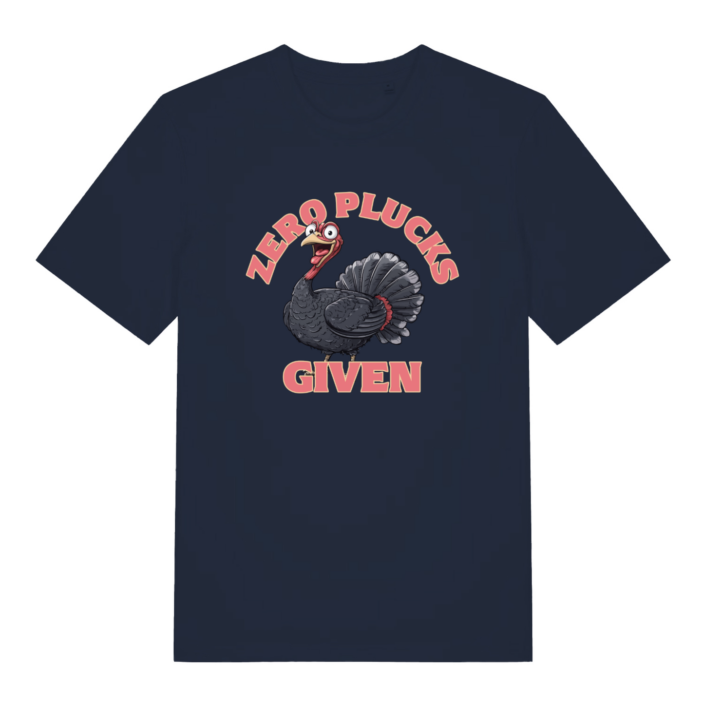navy women's funny animal t-shirt with the graphic of a turkey and the slogan 'zero plucks given'