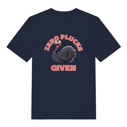 navy women's funny animal t-shirt with the graphic of a turkey and the slogan 'zero plucks given'