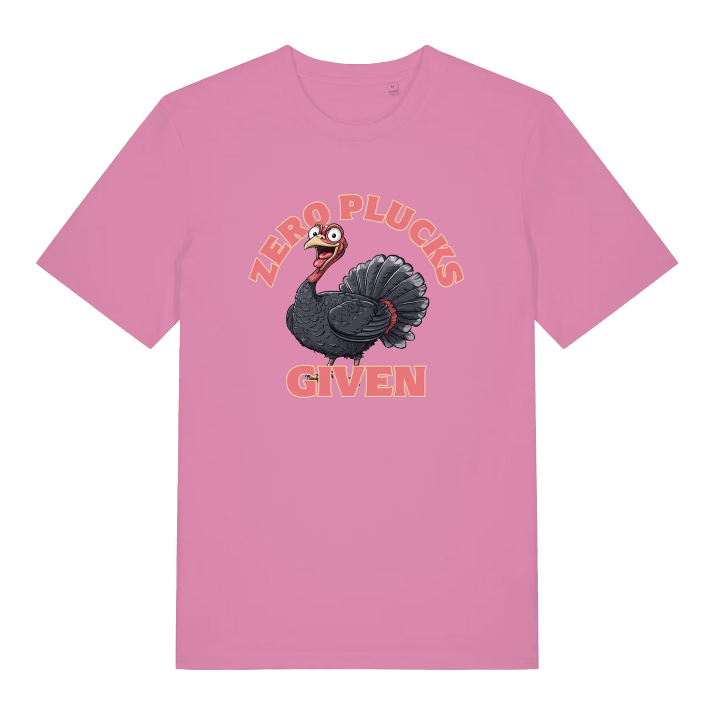 pink women's funny animal t-shirt with the graphic of a turkey and the slogan 'zero plucks given'