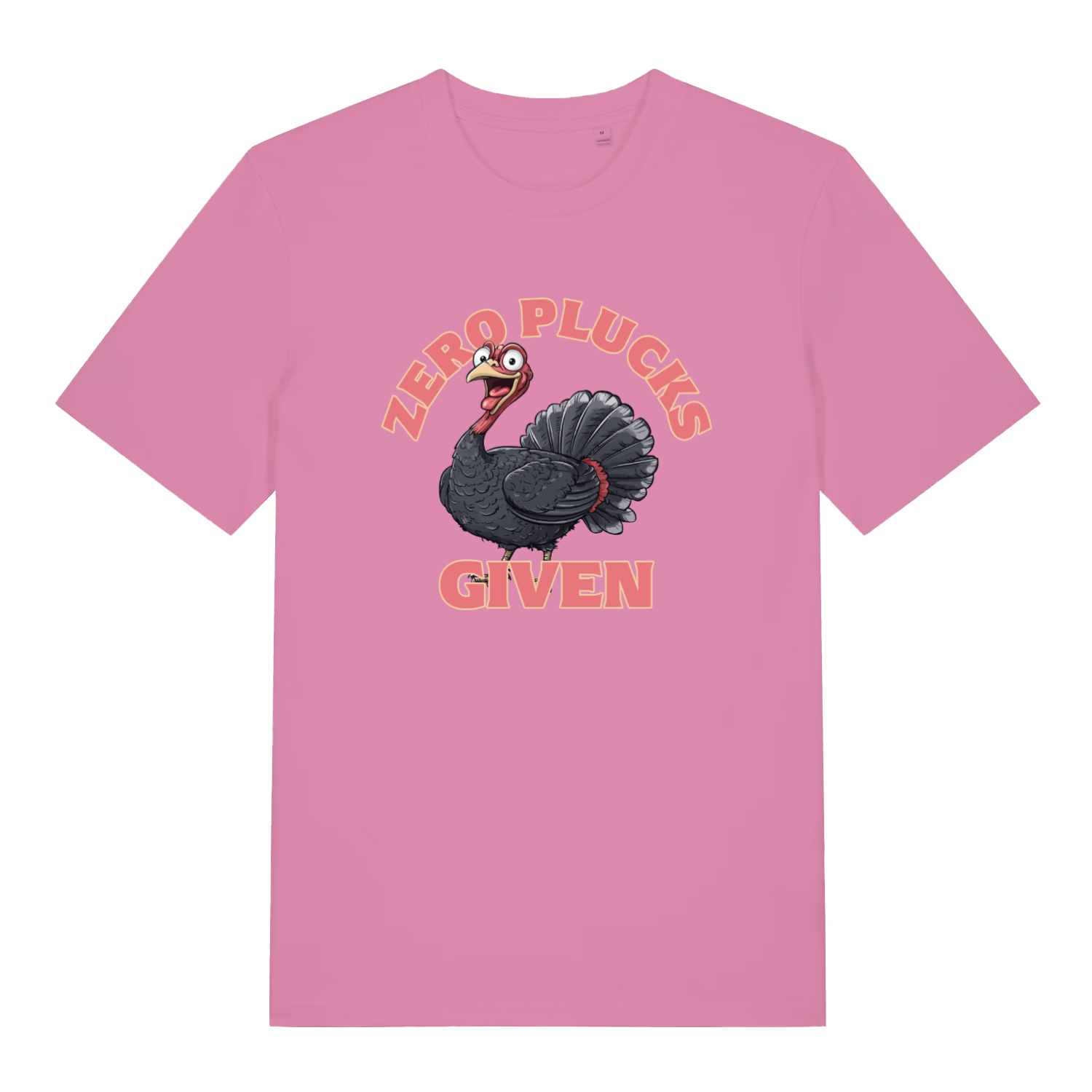 pink women's funny animal t-shirt with the graphic of a turkey and the slogan 'zero plucks given'