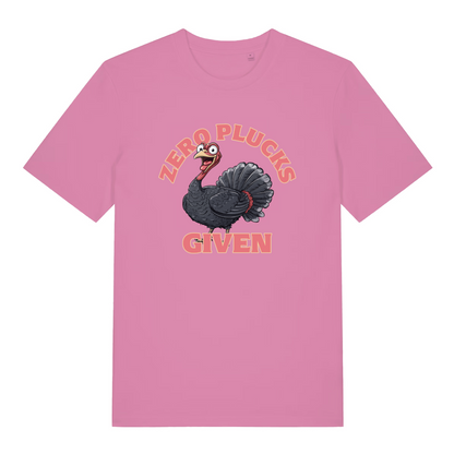 pink women's funny animal t-shirt with the graphic of a turkey and the slogan 'zero plucks given'