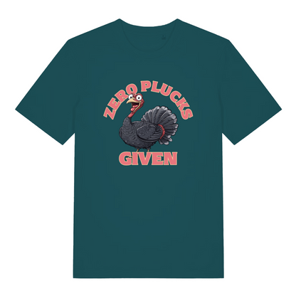 teal women's funny animal t-shirt with the graphic of a turkey and the slogan 'zero plucks given'
