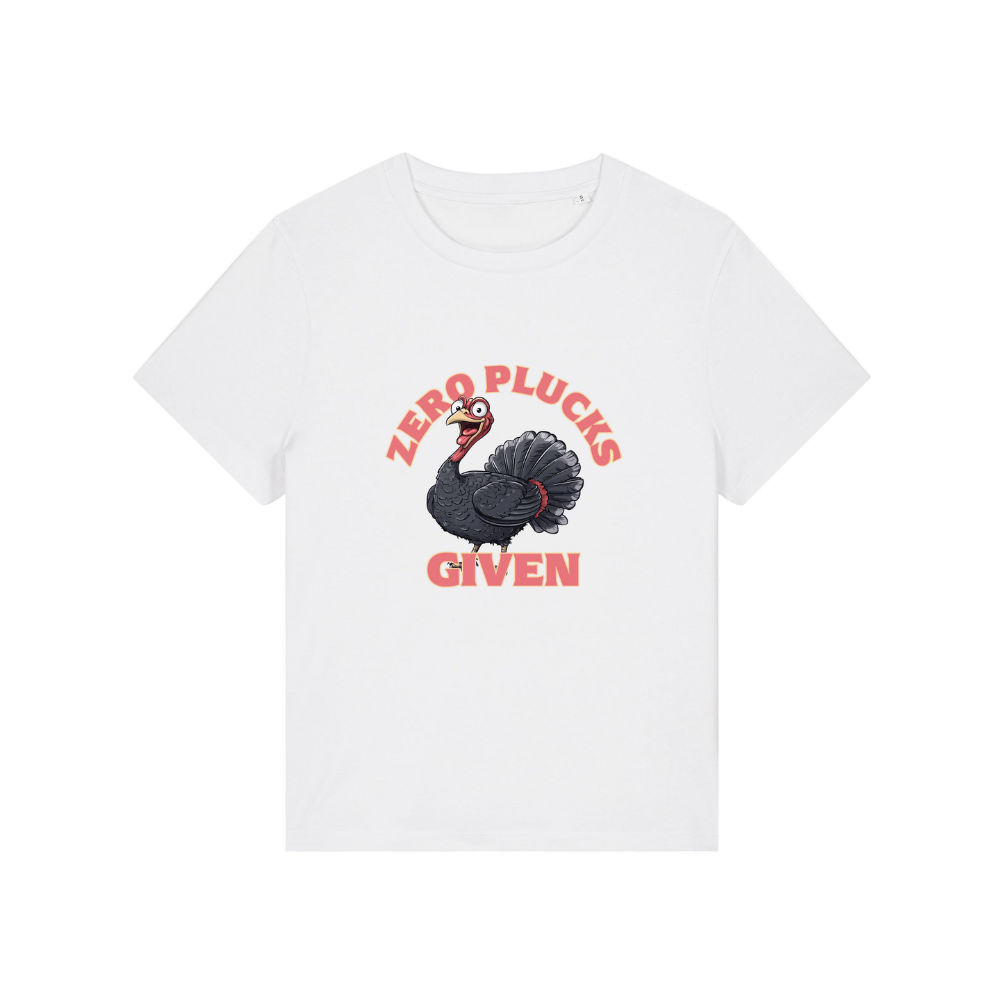 white funny animal t-shirt with the graphic of a turkey and the slogan 'zero plucks given'