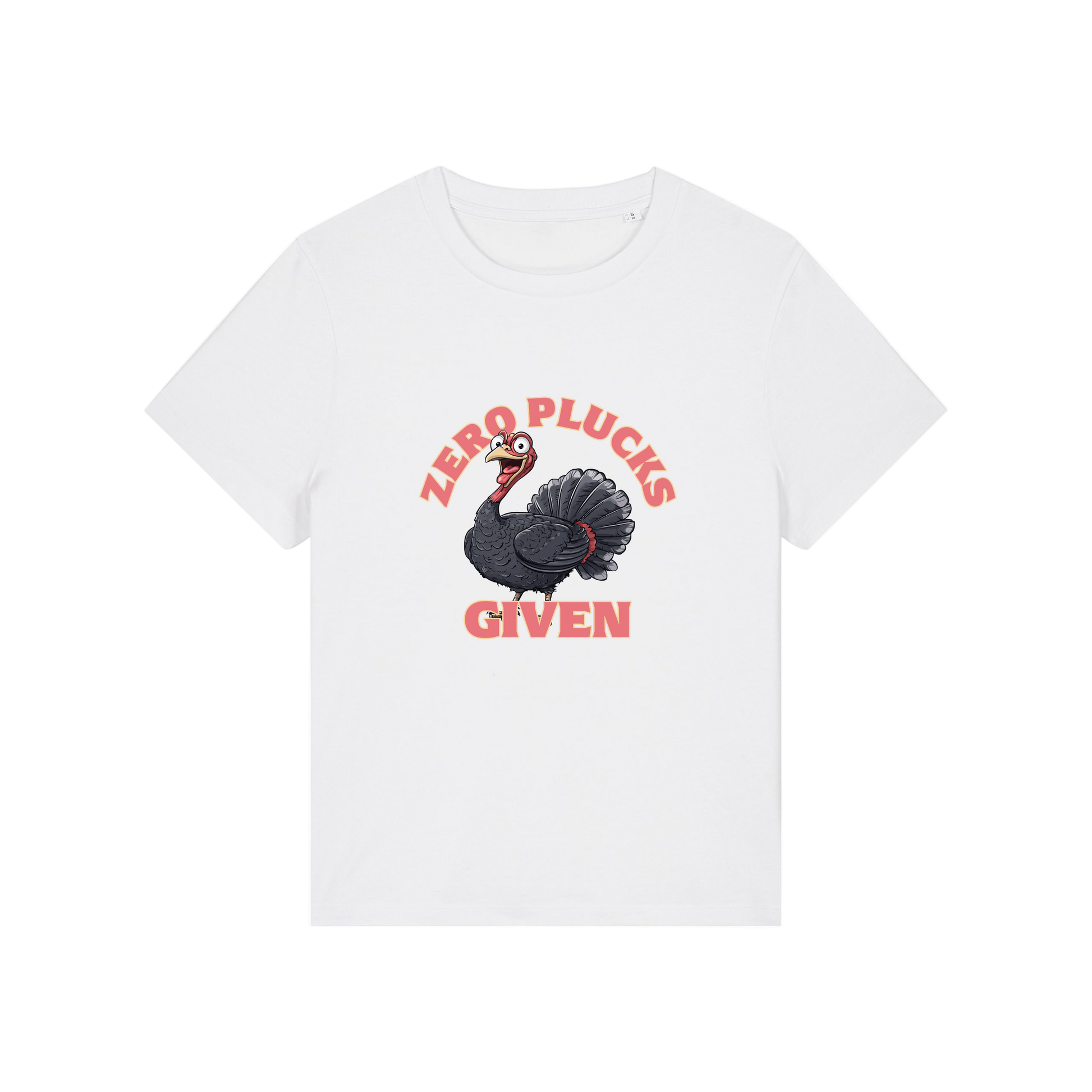white funny animal t-shirt with the graphic of a turkey and the slogan 'zero plucks given'