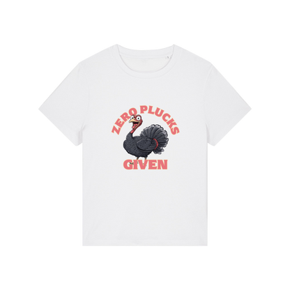 white funny animal t-shirt with the graphic of a turkey and the slogan 'zero plucks given'