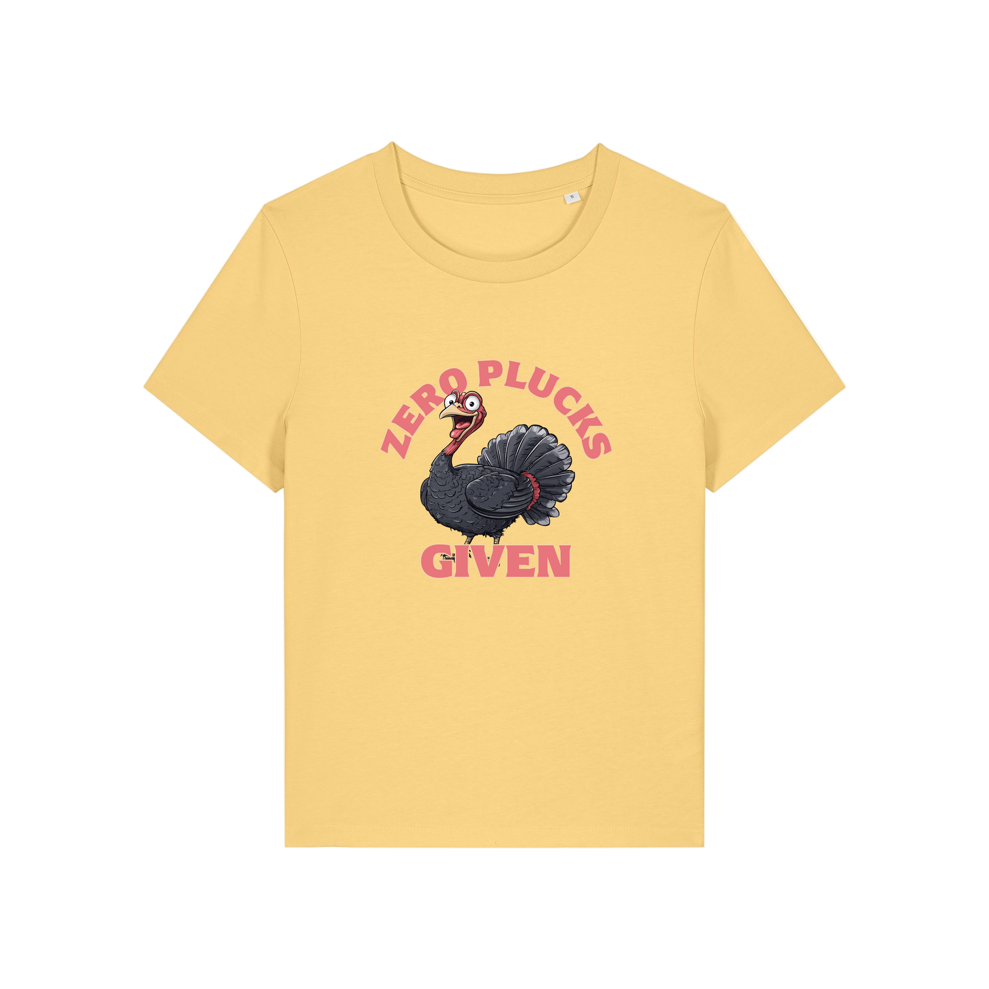 yellow funny animal t-shirt with the graphic of a turkey and the slogan 'zero plucks given'