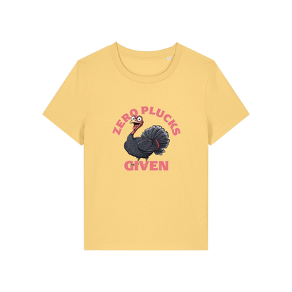 yellow funny animal t-shirt with the graphic of a turkey and the slogan 'zero plucks given'
