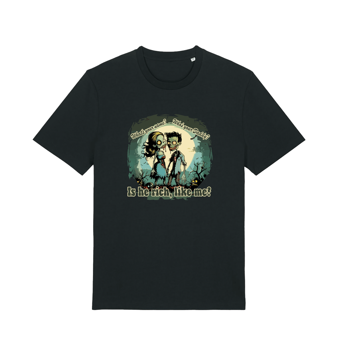 black music t-shirt with two zombies holding hands and the slogan 'is he rich like me'