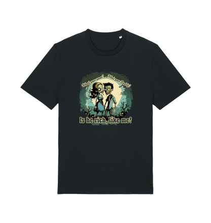 black music t-shirt with two zombies holding hands and the slogan 'is he rich like me'