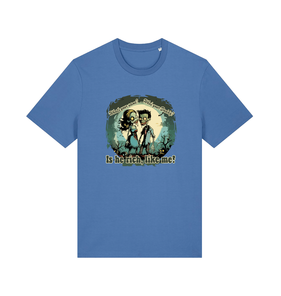 blue music t-shirt with two zombies holding hands and the slogan 'is he rich like me'