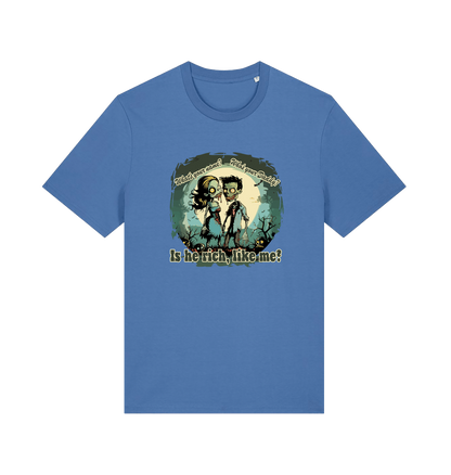 blue music t-shirt with two zombies holding hands and the slogan 'is he rich like me'