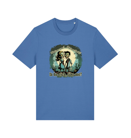 blue music t-shirt with two zombies holding hands and the slogan 'is he rich like me'