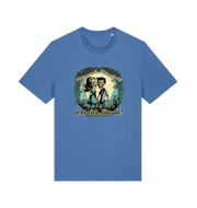 blue music t-shirt with two zombies holding hands and the slogan 'is he rich like me'