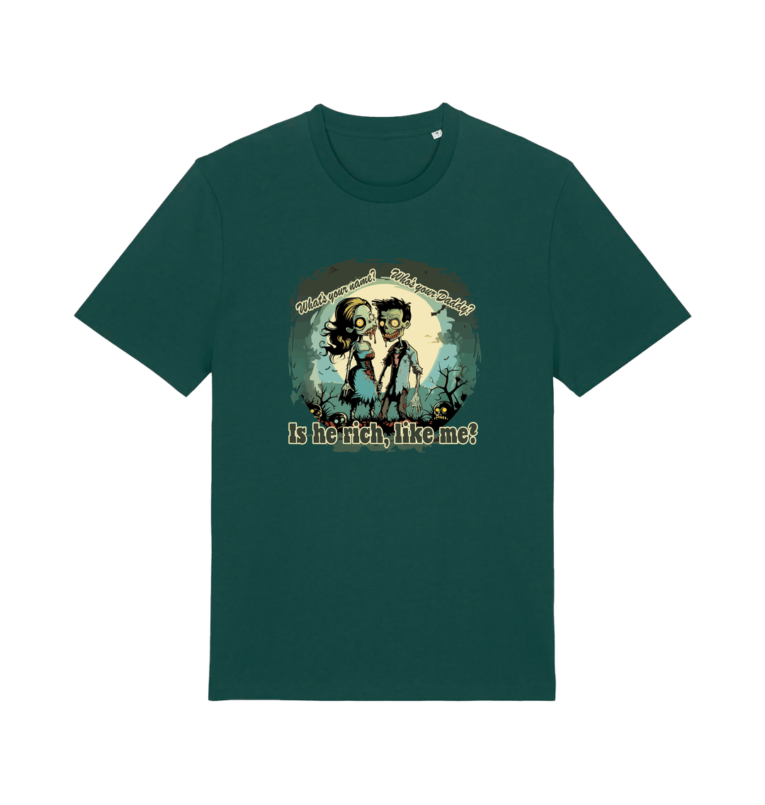 green music t-shirt with two zombies holding hands and the slogan 'is he rich like me'