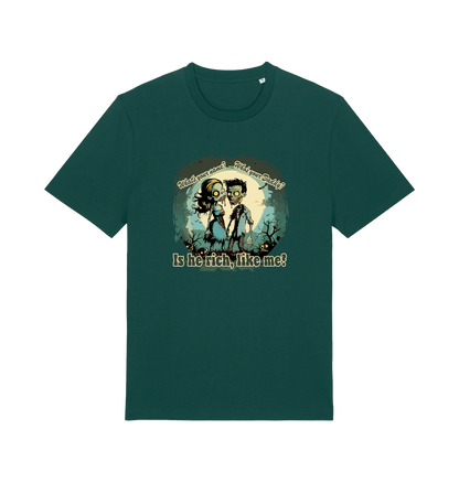 green music t-shirt with two zombies holding hands and the slogan 'is he rich like me'