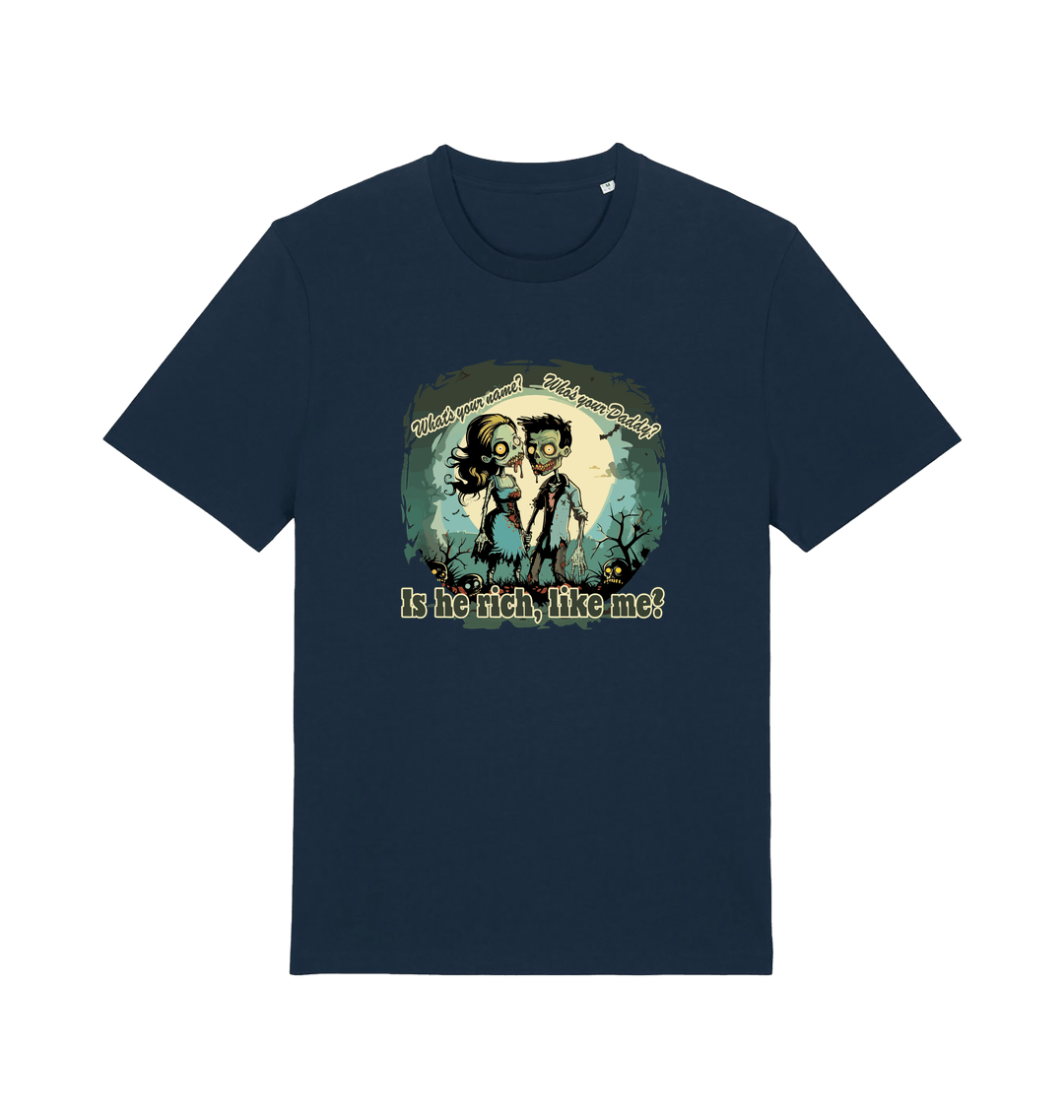 navy music t-shirt with two zombies holding hands and the slogan 'is he rich like me'