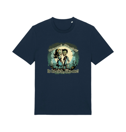 navy music t-shirt with two zombies holding hands and the slogan 'is he rich like me'