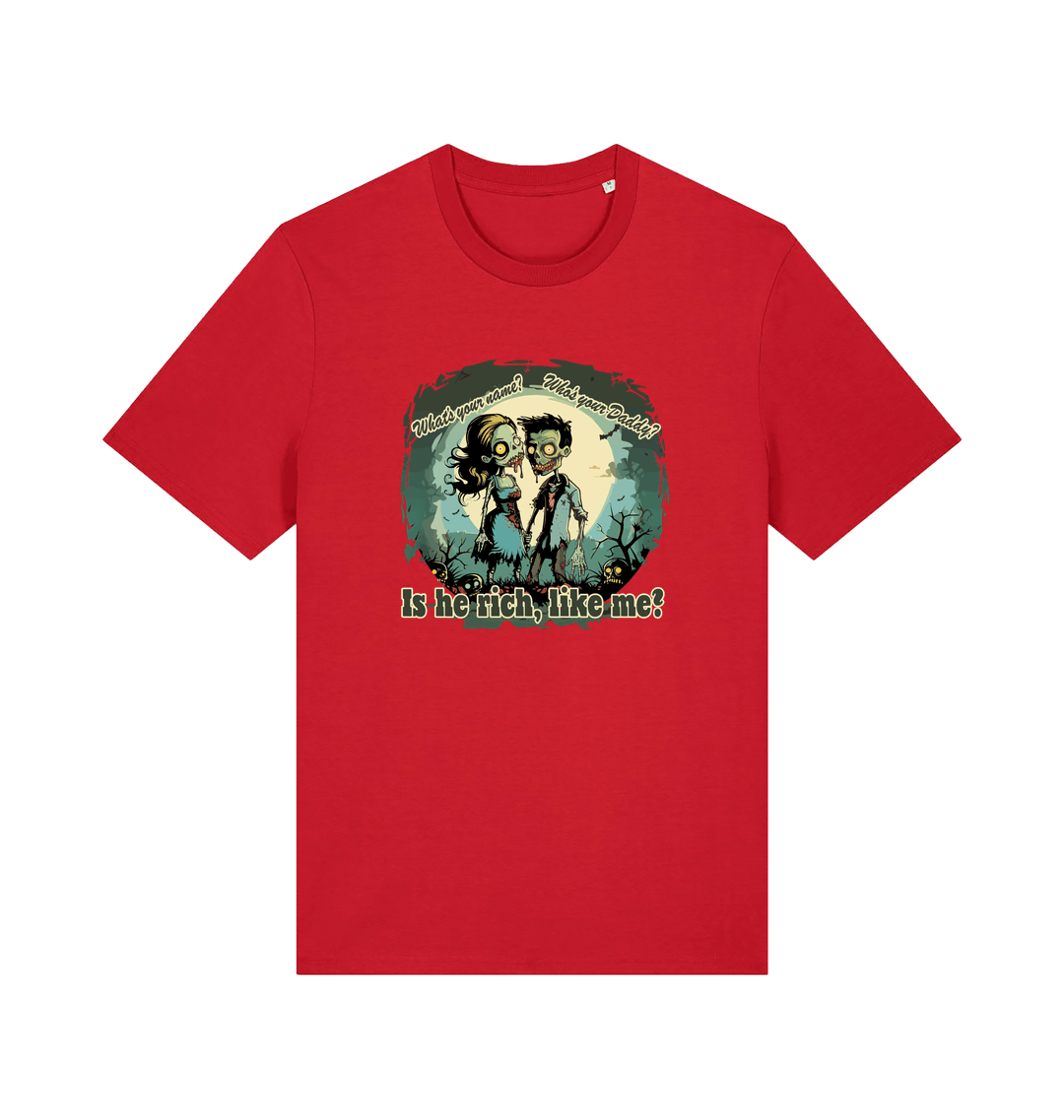 red music t-shirt with two zombies holding hands and the slogan 'is he rich like me'