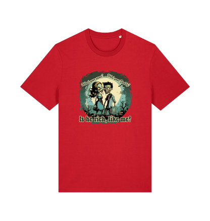 red music t-shirt with two zombies holding hands and the slogan 'is he rich like me'