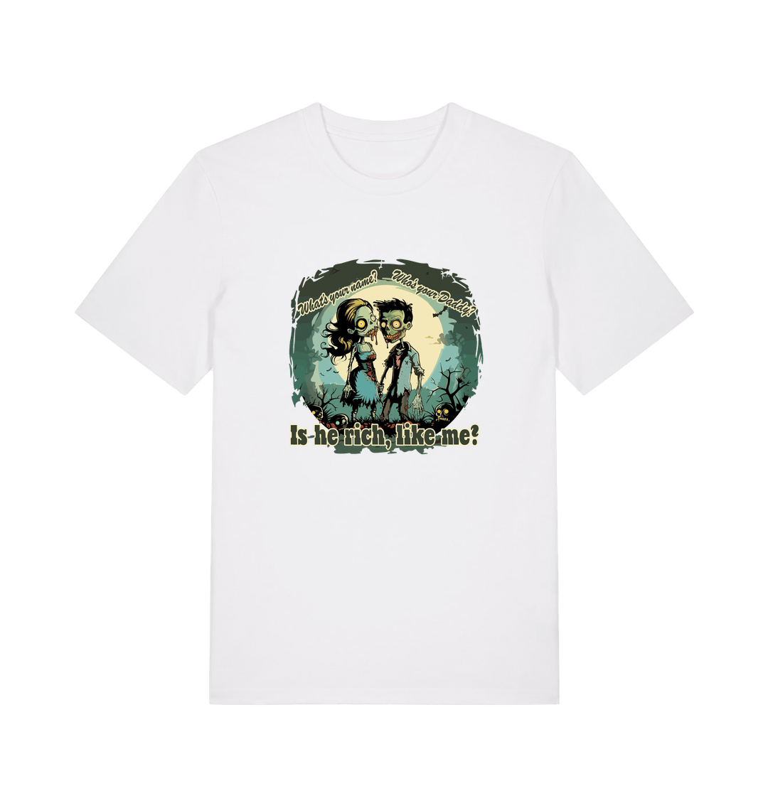 white music t-shirt with two zombies holding hands and the slogan 'is he rich like me'