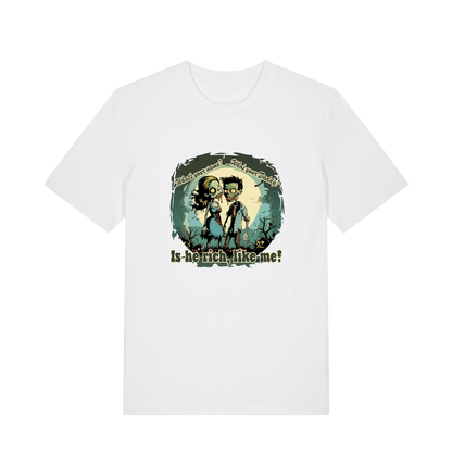 white music t-shirt with two zombies holding hands and the slogan 'is he rich like me'