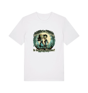 white music t-shirt with two zombies holding hands and the slogan 'is he rich like me'