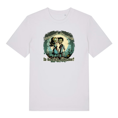white music t-shirt with the graphic of a male and female zombie and the slgoan 'whats your name? who's your daddy? is he rich like me'