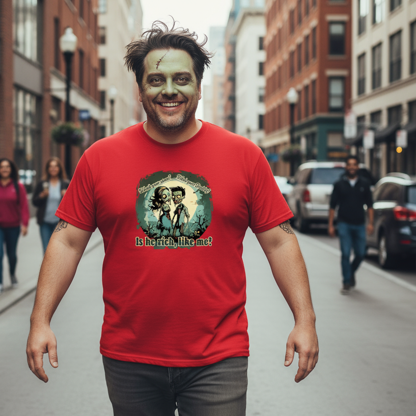 Man wearing a red t-shirt with a graphic design on a city street