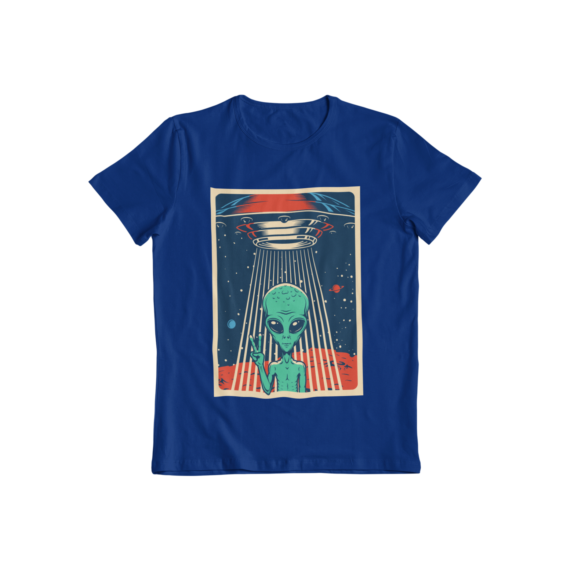 Get ready to be abducted by style with Teevolution's alien graphic t shirt. Our t-shirt features a UFO hovering over an alien, with a space scene in the background. Be a trendsetter and add this unique and creative tshirt to your wardrobe today!